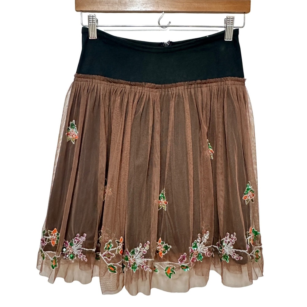 Chan Luu Brown Tulle Sequin Embroidered Mini Skirt Womens Small Fairy Festival